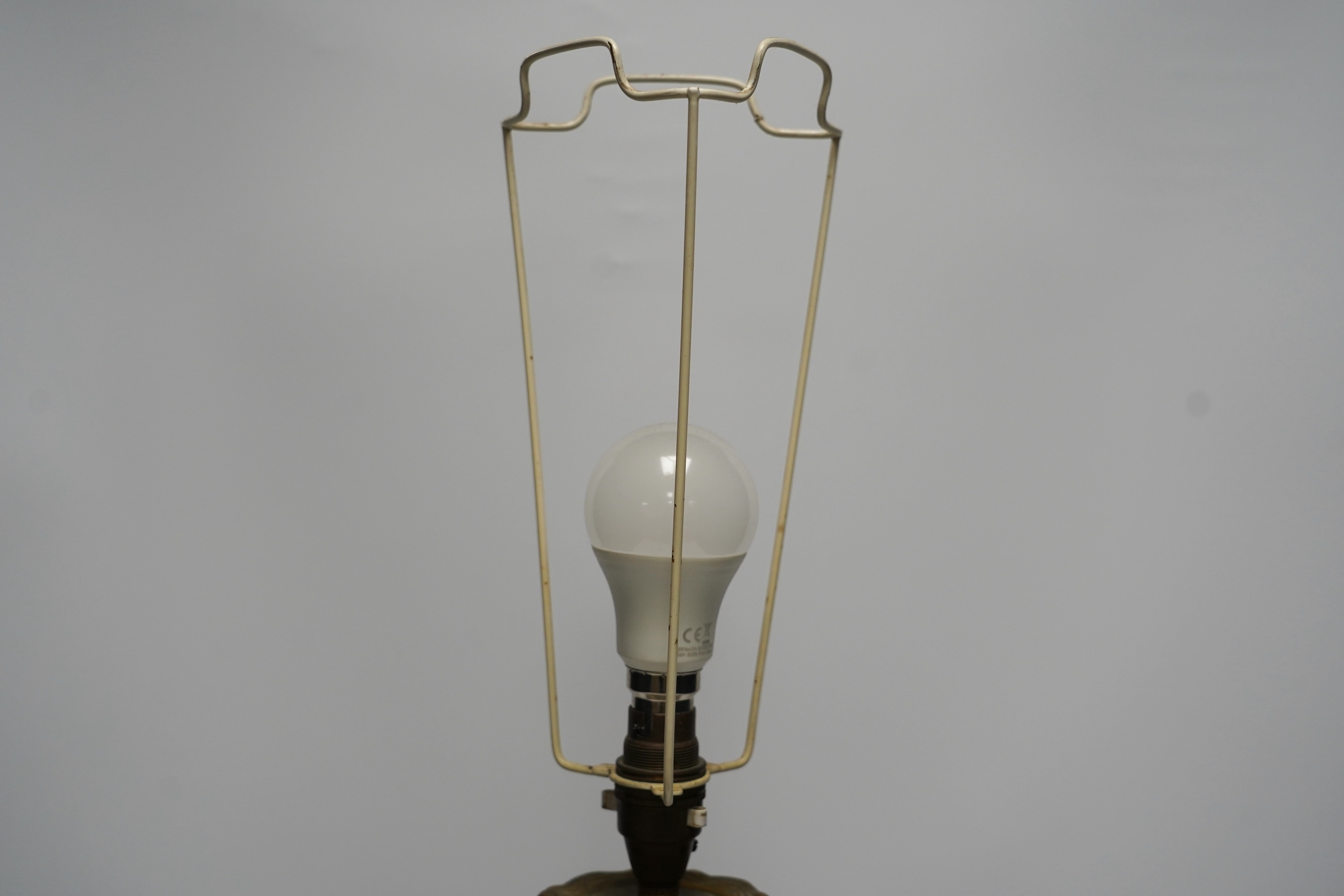 A 19th century French rococo style ormolu mounted grey marble lamp, converted to electricity, 29cm excluding light fittings